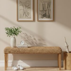 Solid Wood Acacia Indoor Bench with Natural Woven Seat,...