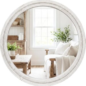 30" White Round Wood Mirror for Bathroom Vanity,...