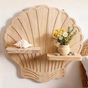 Seashell-Shaped Wooden Wall Shelf, Boho Coastal Floating...