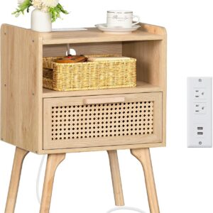 Lerliuo Rattan Nightstand with Charging Station, Boho...
