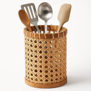 Boho Utensil Holder - Handwoven Rattan Utensil Holder...