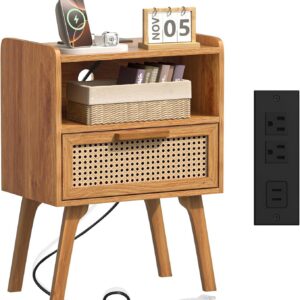 Lerliuo Rattan Nightstand with Charging Station, Side...