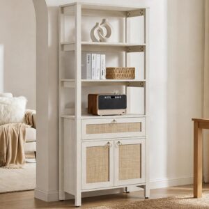 SICOTAS White Bookshelf with Drawer and Doors, Rattan...