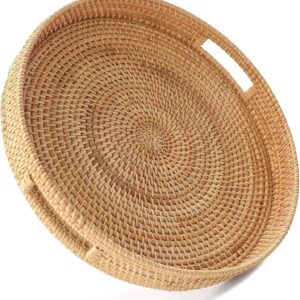 HITOMEN 11.8" Hand-Woven Round Rattan Serving Tray...