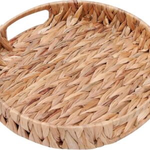 Round Woven Coffee Table Ottoman Tray with Handles -...