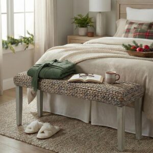 Solid Wood Acacia Indoor Bench with Natural Woven Water...