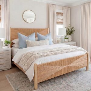 Yechen Solid Wood Rattan Queen Bed Frame with Tall...