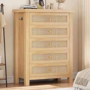 Natural Rattan Dresser for Bedroom with 5 Drawers, Wood...