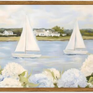 Framed Vintage Hydrangea Floral Wall Art, Blue Coastal...