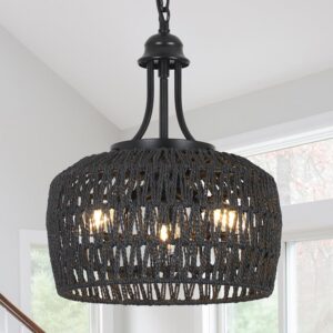 HMVPL Black Rattan Chandelier for Dining Room, 3-Light...