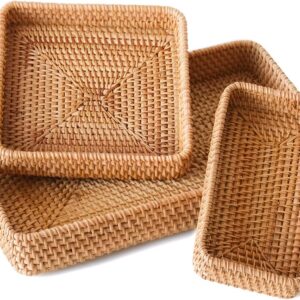 Rattan Serving Tray,Rectangle Wicker Storage Basket Set...