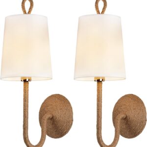 Natural Rattan Wall Sconce Set of 2: Boho Coastal Rope...