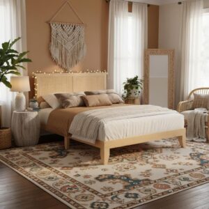 coucheta Bohemian Queen Rattan Bed LED Natural Headboard...