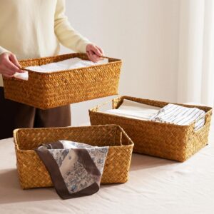 Seagrass Storage Basket with Handles, Stackable Woven...