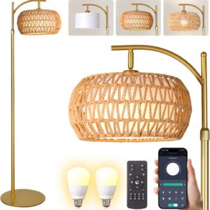 Gold Boho Rattan Floor Lamp w/Remote, Dimmable (2700K -...