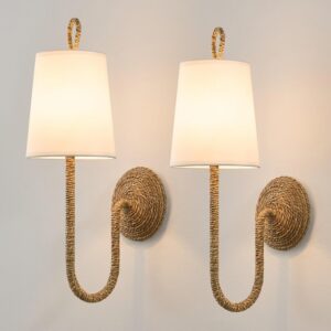 Boho Coastal Rattan Wall Sconce - Set of 2 Bohemian...