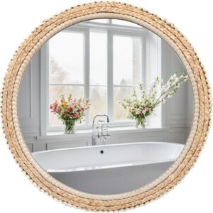 FUIN 24" Rattan and Wood Round Mirror for Boho Bathroom,...