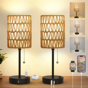 Rattan Bedside Table Lamps Set of 2 - Boho Lamps With 3...