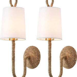 Natural Rattan Wall Sconce Set of 2, with Boho Woven...