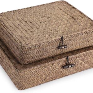 Hipiwe Set of 2 Flat Woven Wicker Storage Bins with Lid...
