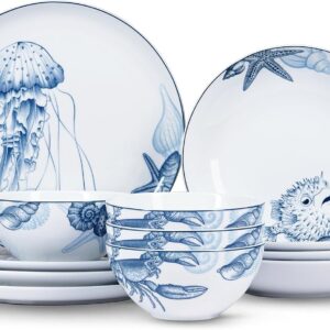 Minh Long 12-PCS Porcelain Coastal Dinnerware Set,...
