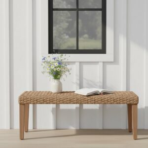 Outdoor Rattan Backless Bench with PE Wicker & Acacia...