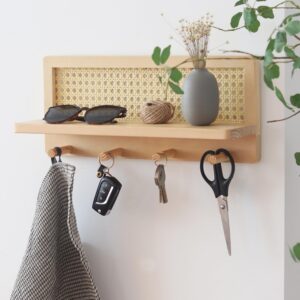 PE Rattan Coat Rack Shelf Wall Mounted with 4 Hooks,...