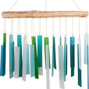 Ocean Blue Sea Glass Driftwood Wind Chime, Handcrafted...