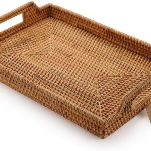 Hand-Woven Rattan Rectangular Serving Tray with Handles...