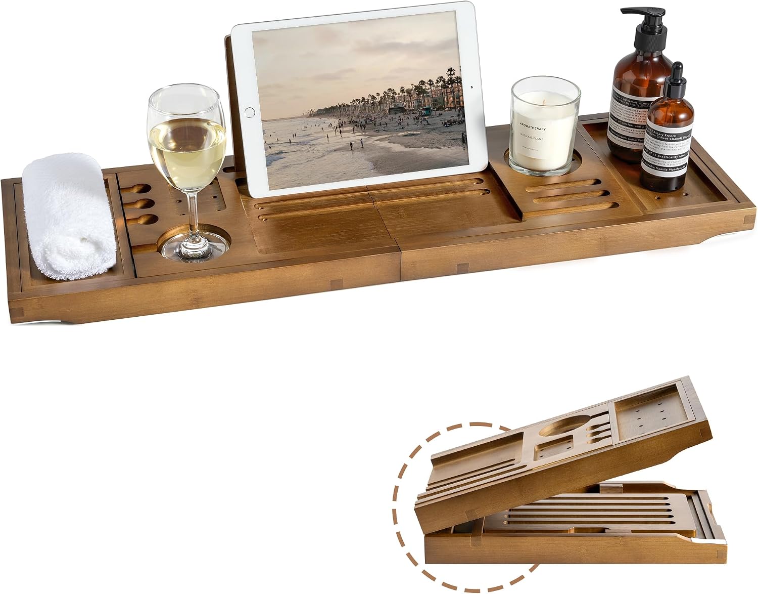 Bamboo Bathtub Tray Caddy, Adjustable 28.5-40", Walnut... Bamboo Bathtub Tray Caddy, Adjustable 28.5-40", Walnut...
