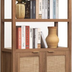 SICOTAS 71" Tall Rattan Bookshelf with Doors for Living...