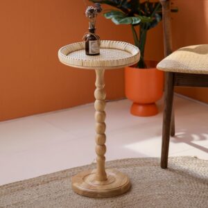 Drink Table，Rattan Round Small Side Table for Small...