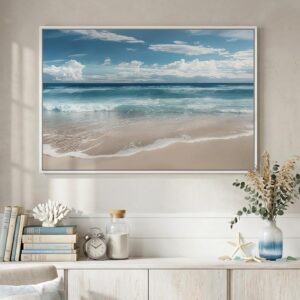 Framed Coastal Beach Wall Art for Room Decor, Blue Ocean...