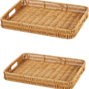 2 Pack Rectangle Rattan Serving Trays with Handles,...