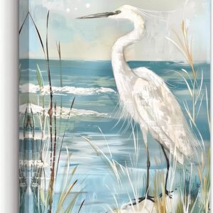 AWPANERAR White Heron Canvas Wall Art Coastal Bird...
