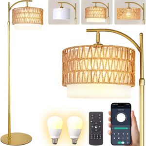 Rustic Woven Rattan Floor Lamp – Golden Finish, Arc...