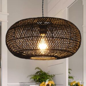 Rattan Pendant Light 15.75" 1-Light Hand-Woven Bamboo...