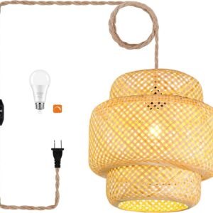 Plug in Pendant Light Rattan Hanging Lights with Plug in...