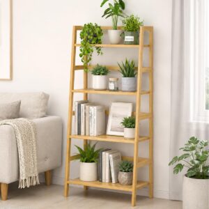 Bamboo Ladder Shelf, 4-Tier Wooden Ladder Bookshelf &...