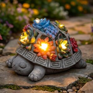 Solar Turtle Garden Outdoor Decor with Succulent & 7 LED...