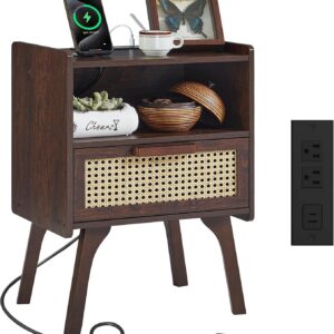 Lerliuo Rattan Nightstand with Charging Station, Walnut...