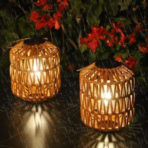 2 Pack Solar Lanterns Outdoor Waterproof, Rattan Solar...