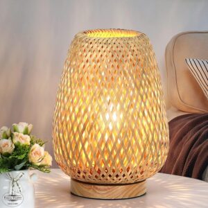 Rattan Table Lamp, Stepless Dimmable Small Beside Lamp,...