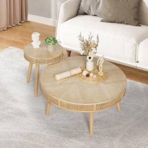 Wnutrees Farmhouse Round Coffee Table, Rustic Sofa Side...