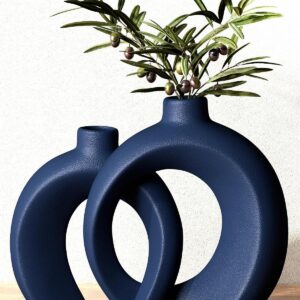 Blue Vase Set of 2 - Donut Navy Vases Home Decor, Modern...