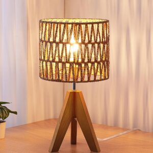 EDISHINE Small Table Lamp, Rattan Wood Tripod Bedside...