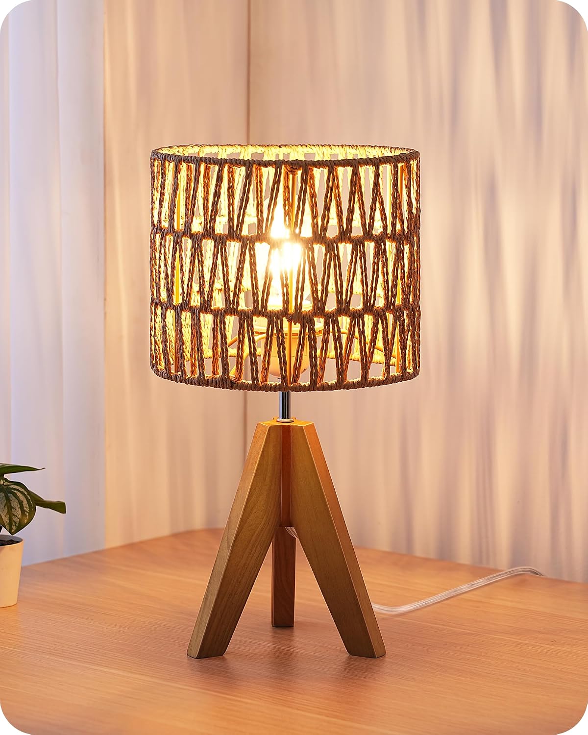 EDISHINE Small Table Lamp, Rattan Wood Tripod Bedside... EDISHINE Small Table Lamp, Rattan Wood Tripod Bedside...