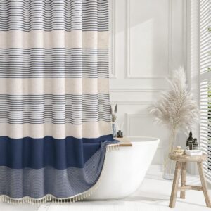 Navy Blue Shower Curtain Linen Coastal Ocean Striped...