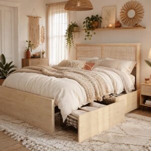 Brafab Natural Rattan Full Size Bed Frame with Wooden...