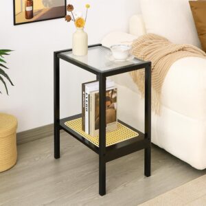 2-Tier Bamboo Side Table, Modern Glasstop Rattan Side...